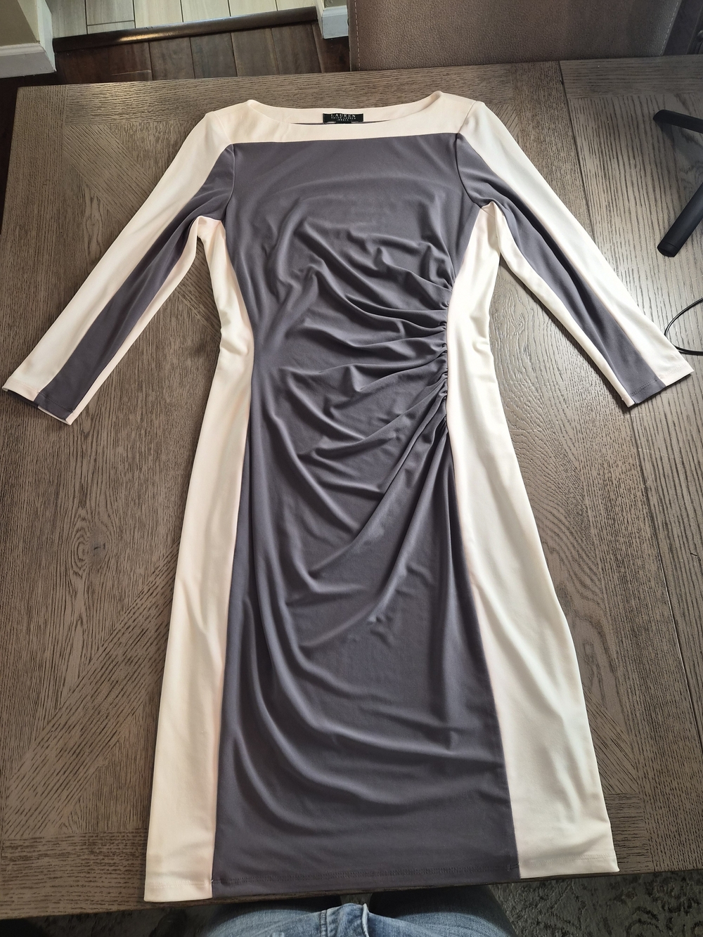 Ralph Lauren Gray and Cream Colorblock Midi Dress